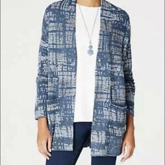 J. Jill Purejill Indigo Blue and Gray Patterned Long Cardigan Sweater Size SP - Picture 1 of 12